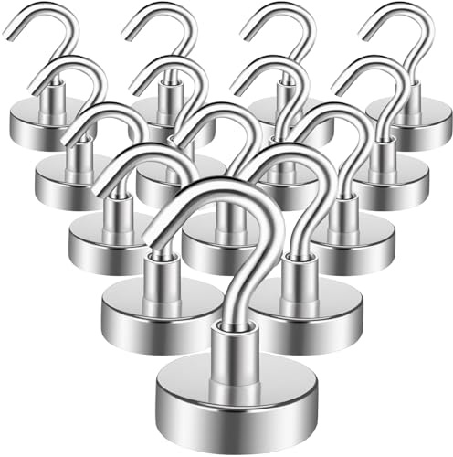 MIN CI 14pcs Ganchos Magnéticos Extra Fuertes, 20mm, Imanes Neodimio con Gancho, Ganchos Imantados Furgoneta 15kg, Imán con Ganchos, Redondos Imanes Potentes, Ganchos de Cocina