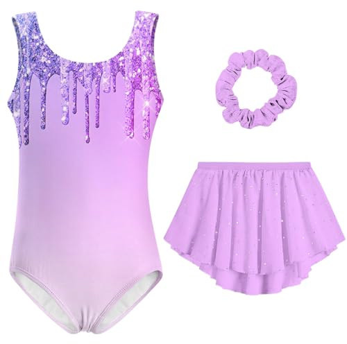 Idgreatim Gymnastic Leotards for Girls Size 6-7 Sparkly Ballet Dance Dress with Skirt and Hair Scrunchie Athletic Tumbling Outfit Class Activewear Combo
