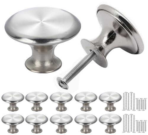 Misuyue 10 Pièces Bouton de Meuble Argenté, Poignée de Cuisine en Inoxydable, 30 mm Ronds Boutons de Portes pour Placards, Commode, Armoire, Tiroir, avec Vis Assorties