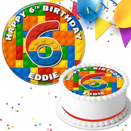 BUILDING BRICKS BIRTHDAY PERSONALISED 7.5 INCH EDIBLE ICING CAKE TOPPER DECORATION SV-226
