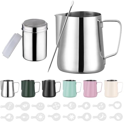 350ml Jarra Leche Barista Acero Inoxidable,con Medición Mark 12 oz, Jarra de Espuma de Leche con Dispensador de Cacao, 16 Plantillas y Bolígrafo para Capuchino y Espresso,Plata