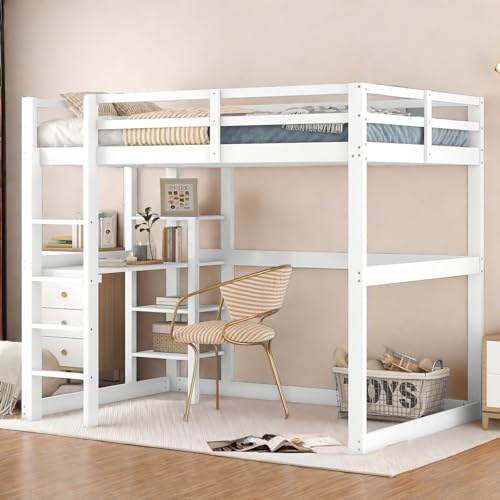 Sapgaks Kinderbett,Hochbett,rausfallschutz Etagenbett Bettgestell mit Stauraum,komplett aus Kiefer,mit 4 Ablagefächern und Einer Schreibtischplatte,weiß,140 X 200 cm