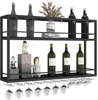 DSVONAUS Industriell Wandmontierte Weinregal mit Glashalter, Schwarz Metallflaschenhalter Multi funktionaler Weinpareite Display Rack 2-stufiges für Home Bar Dining Room Kitchenkitchen (200×20×65cm)