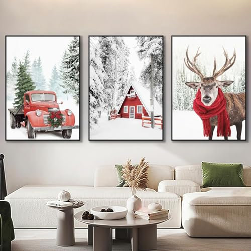 champracer 3er Poster Set, Premium Wandbilder Winter Bilder, Elch, Holzhaus, Wald Wandkunst Wandbilder Modern Wanddeko für Weihnachten Deko Ohne Rahmen (30x40 cm)