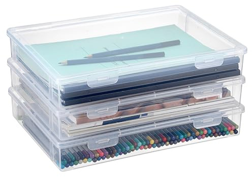 BTSKY Clear Plastic Storage Box with Flap Lid, Multipurpose Craft Organizers and Storage Box Art Supply Storage Organizer Plastic Sewing Box for Pencils Markers Notebooks A4 Files, 3 Pack Large
