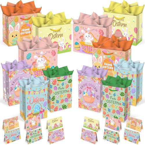 12-PACK Ostern-Geschenktaschen, 33 x 26 x 12.5CM, mit Karten und Tissue-Papier, Frühlingsferien-Papiertaschen für Osterfest-Bevorzugung, Geschenkverpackung