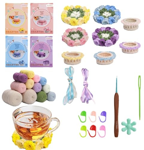 Generisch Untersetzer-Häkelpaket, Häkelpaket für Anfänger,Häkel-Starterset für Blumentopf-Untersetzer - Untersetzer-Blumentopf-Häkel-Startpaket mit Häkelnadeln, Garn und Marker für Bastelliebhaber