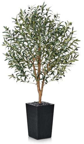 VeriNatural Artificial Olive Tree 150cm Fake Plant - Large Artificial Plants Indoor with Real Wood Trunk & Black Tapered Pot with River Pebbles - Decorative Faux Tree for Home, Office & Outdoor, VN133