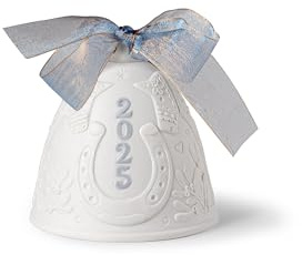 LLADRÓ Blue 2025 Christmas Bell. Decorative Ornament in Matte Porcelain with Blue Details. Porcelain Christmas Bell