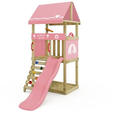 Wickey Spielturm DinkyHouse ohne Schaukelanbau - pastellpinke Rutsche & Plane - Kinder Kletterturm für den Garten aus Massivholz - 219x114x247 cm