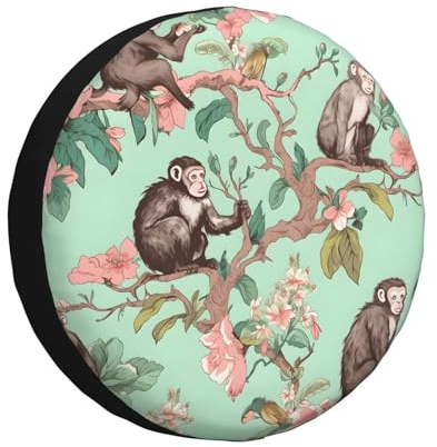 Mexpekil Cubierta de la llanta de repuesto Floral árbol animal mono coche rueda de repuesto cubierta 16 pulgadas impermeable Fundas de ruedas para RV Jeep SUV camper vehículos a prueba de polvo