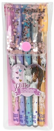 Depesche 13364 Miss Melody – Glitter gelpennor set i en transparent påse, med tryckknappslås, 5 pennor i glitterfärger för att skriva och dekorera