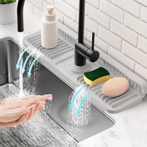 45cm Collapsible Faucet Mat for Kitchen Sink Splash Guard [7° Tilt, Fast Self-Draining ] [Snap Lock Fit]