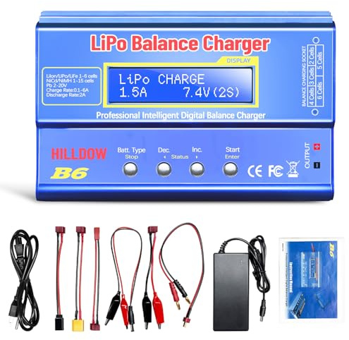 B6 Akku-Balance-Ladegerät, 80W Lipo-Balance-Ladegerät/-Entlader mit Netzteil für NiMH (1–15s), LiPo/Li-Ionen/Life-Akku (1–6s), RC-Hobby-Akkuladegerät, XT-60/JST/T-Anschlüsse