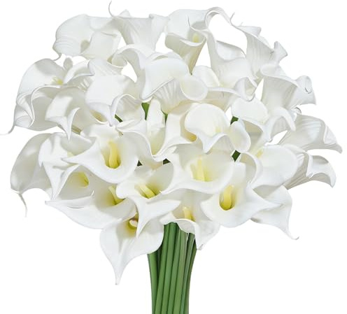 Heleze 30 PCS Artificial Calla Lily Flowers Bouquet Faux Branches for Vase Fake Flower 13.5 Real Touch for DIY Mother's Day Wedding Party Decoration Pure White