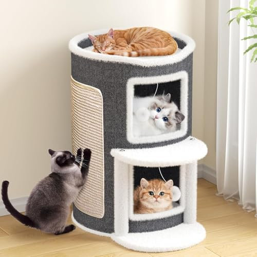 2-stöckige Katzenhöhle Katzenfass, Große Katzenhaus mit Kratzbrett für Indoor-Katzen,Kratzbaum Klein mit Plattform, Katzenbett Höhle Katzenverstec Katzentonne Katzenmöbel mit Spielball 60 * 40 * 40CM