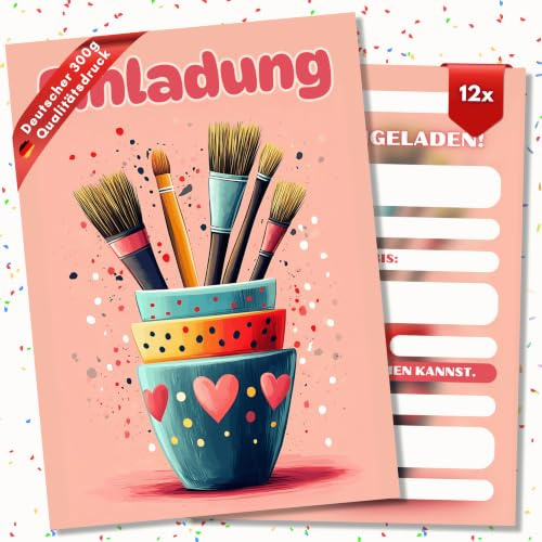 HIDEBLOOM Basteln Einladungskarten Kindergeburtstag Mädchen - 12 Stück - DIN A6 (10,5 cm x 14,8 cm) - Einladungskarten Geburtstag Malen - Geburtstagseinladungen Pinsel