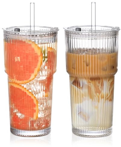 Trusttread Paquete de 2 vasos acanalados de 20 onzas con tapas y popotes, juego de vasos de vidrio vintage, duraderos para café helado, cócteles, cerveza y bares caseros