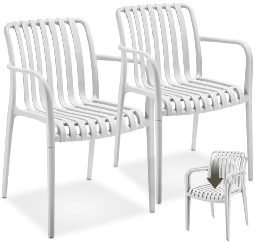 tectake® Gartenstühle stapelbar, Gartenmöbel Set, Balkon Möbel, Bistro Set, Sessel, Outdoor Möbel, Balkonmöbel, Terrassenmöbel - weiß, 2er Set
