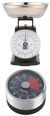 Salter Timeless Mechanical Kitchen Scale & Timer – 5kg Capacity, 1L Dishwasher Safe Bowl, 60 Minute Countdown Markers, Attach To Ovens & Fridges, Weigh Multiple Ingredients, Black/Stainless Steel