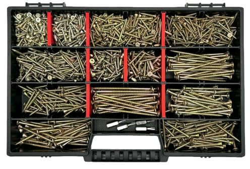 FRACKMANN Schraubenset 1345 Teile – Holzschrauben & Spanplattenschrauben 3x12 bis 4,5x80 – inkl. 4 TX Bits & Sortimentskoffer – Profiqualität
