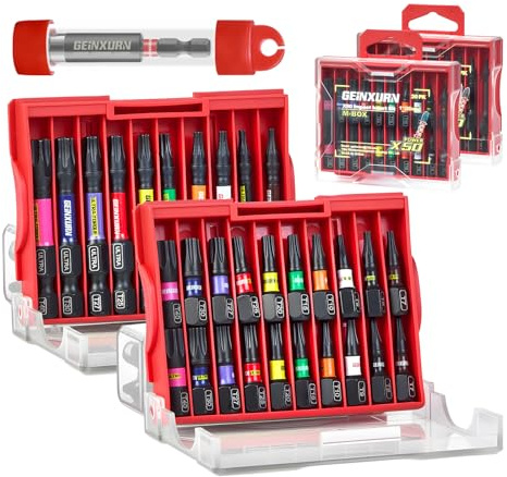GEINXURN 31 Pièces Jeu d'embouts de Vissage Torx T7-T40 aux Chocs de 25 mm 50 mm, Embout pour Tournevis en Acier S2 avec Porte-embouts Magnétiques de 60 mm Long et Boîte de Rangement