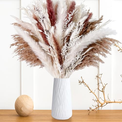85PCS Dried Pampas Grass Boho Decor, 17 Natural White Dried Flowers Pampas Grass Bouquet, Bunny Tails, Oat Stems & Aquatic Grass for Neutral Home Decor, Wedding, Minimalist Vase Arrangement