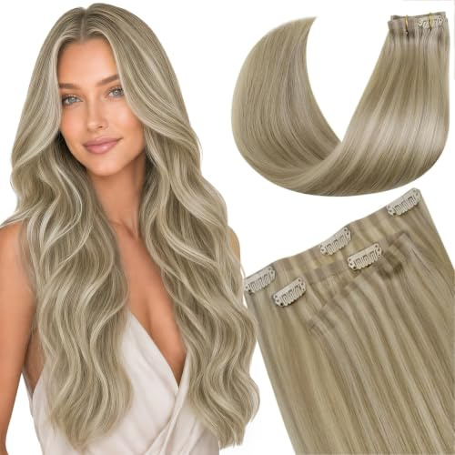 LaaVoo Echthaar Extensions Clip Blonde Highlights Seamless Extensions Echthaar Clip Invisible Aschblond Highlights Hellblond 7PCS 40cm 100g #16/22