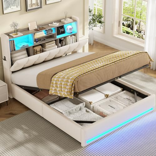 AOGLLATI Lit Coffre 140x190, Lit 140x190 avec Sommier à Lattes en Bois Capitonné avec Multiprise et Ruban LED, 5 Compartiments et Rangement sous Sommier, sans Matelas, Lin Beige