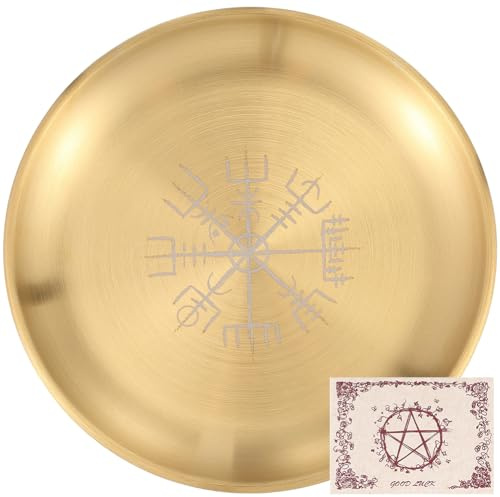CREATCABIN Plateau D'Autel Rituel Plat D'Offrande Doré en Métal Acier Inoxydable Bougeoir Rond et Plat Bol Assiettes avec Enveloppe et Cartes pour Décorations de Maculage Brûleur D'Encens Divination