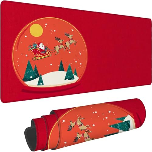 Tapis de Souris 1400 x 700 x 3mm, Grand sous Main Bureau Rouge avec Base en Caoutchouc Antidérapant Surface Étanche Bords Cousus Tapis de Souris Gamer pour PC, Laser Optique Bureau Gamer Noël xn-337