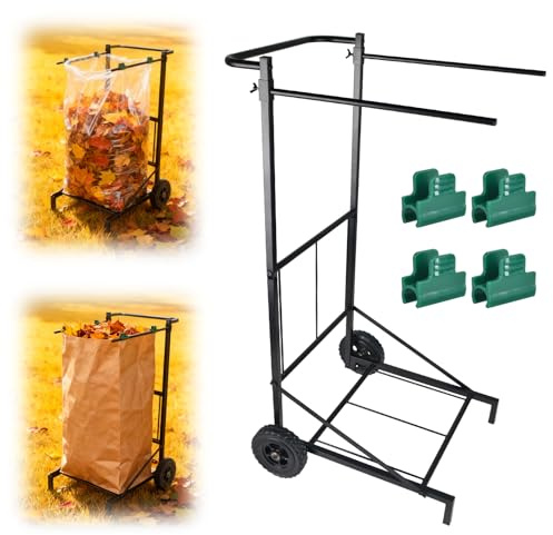 Trash Bag Holder with Wheels, Adjustable Metal Leaf Bag Holder with 4 Clips, Heavy Duty Outdoor Mobile Garbage Bags Cart, Lawn Garbage Bag Stand Holds 35-45 Gallon for Lawn Leaves, Camping, Weeding