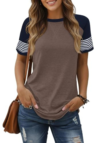 Cuptacc T-shirt för damer Elegant färgmatchning Raglan kortärmad T-shirt för damer Stripad casual tunika Lösen rund hals överdelar, M