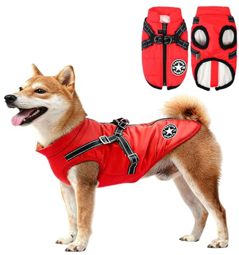 Abrigo Invierno Perro, Abrigo para Perro con arnés, Chaqueta de Invierno para Perros, Abr-igo Impermeable para per-Ros, para Medianos Grande Perros (Rojo)