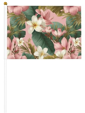 Lot de 10 mini drapeaux à main avec fleurs de bananier tropicales roses et blanches sur bâton pour fête, activités d'équipe, défilés, décoration de vacances