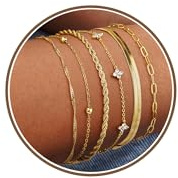 TINGN 6 Stück Goldene Armbänder Set für Damen Wasserdichte 14 Karätig Vergoldete Schmucksets Zierliches Stapelbares Armbandset mit Kubanischen Gliederketten und Büroklammern Geschenk für Frauen