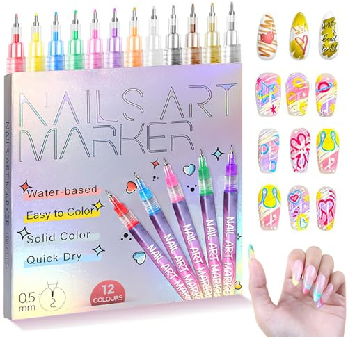 12 Colours Nail Art Pens Set, Nail Art Markers Polish Pens for 3D Nail Art Quick Dry Graffiti Dotting Point Liner Pen for Girls Women Kids Beginners Drawing Painting Nail Design Kit Manicure Tools