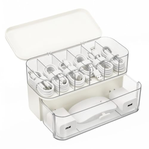 AiQInu 2 Pezzi Organizzatore Cavi, con Coperchio e 6 Scomparti, Porta Cavi per USB, Caricabatterie e Accessori, per Casa o Scrivania
