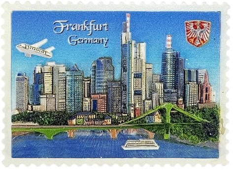 Souvenir Kühlschrankmagnet – Frankfurt Skyline mit Mainufer und Flugzeug in 3D Optik – Reiseandenken & Geschenkidee
