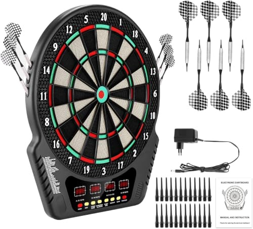 Elektronische Dartscheibe Set Professionelle E-Dartautomat 4 LED-Anzeigen Sprachansagen 27 Spiele 243 Spieloptionen 6 Darts für 1-16 Spieler geeignet Zuhause Partys Bar