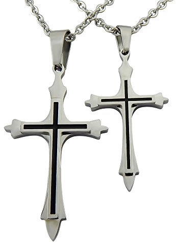 Hanessa Schmuck für Herren und Damen silberne Partner-ketten mit Kreuz-Anhänger in Silber/Schwarz Edelstahl Geschenk zu Weihnachten für Ehe-Mann / Ehe-Frau / Freund / Freundin