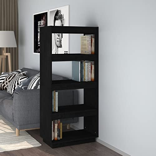 WIFESE Bücherregal 60x35x135 4 Fächer Raumteiler Holzregal Regal für Büro Wohnzimmer Arbeitszimmer Standregal Bookshelf Hochschrank Aufbewahrungsregal Aktenregal Massivholz Kiefer Schwarz