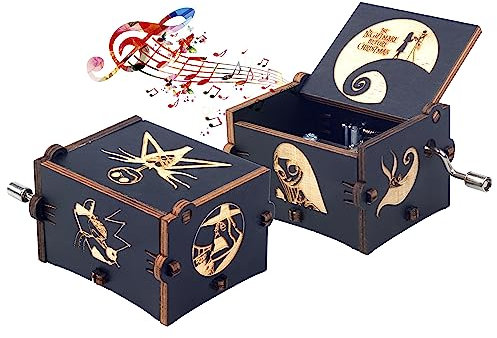 Keast Night mare Hand-cranked Musical Box for Boys Girls, Mini Size Wooden Engraved Music Box Playing Melody This is Halloween for Halloween Christmas Thanksgiving