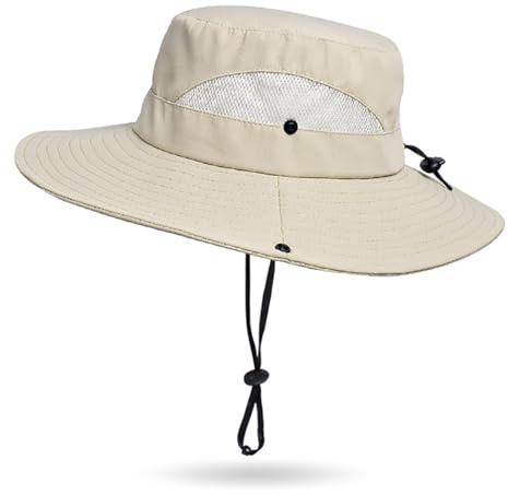 KorhLeoh Damen Outdoor UV-Schutz Faltbare Sonnenhüte Mesh Breiter Rand Strand Fischerhut mit Pferdeschwanzloch, Dunkelbeige, M