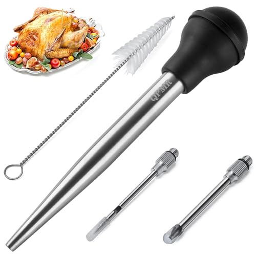 QPMR Turkey Baster With Cleaning Brush, Stainless Steel Baster Tool for Cooking-Baster Syringe for Roaster Turkey, Include 2 Meat Marinade Injector Needles for Thanksgiving