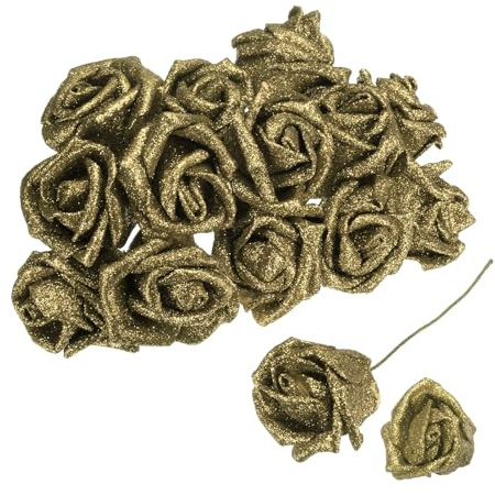 QUARKZMAN 50 Piezas de Rosas Artificiales con Purpurina, Rosas Falsas con Tallos de Espuma Tacto Real para Decoración de Boda, Fiesta, Oficina, Ducha y Hogar, Color Oro