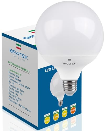 Bratek 1 Lampadina Led E27 Luce Fredda 6500k 20w 2045 Lumen - Lampadina Globo LED E27 Grande G125 - Lampada Globo Equivalente 175w a Incandescenza o 150w Alogene
