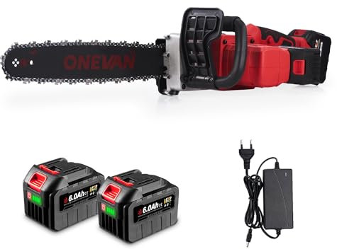 ONEVAN Chainsaw, motosega elettrica a batteria, 40 V, 16 pollici, senza spazzole, sistema di lubrificazione automatico, velocità della catena 20 m/s, diametro di taglio 400 mm (2 batterie da 6,0 Ah)