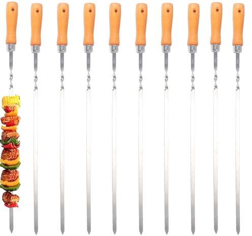 ZMC 10 brochetas para barbacoa de 55 cm de acero inoxidable con mango de madera, brochetas de kebab, pinchos para shish kebab y pinchos de carne, pinchos largos y inoxidables para barbacoa, bandeja de