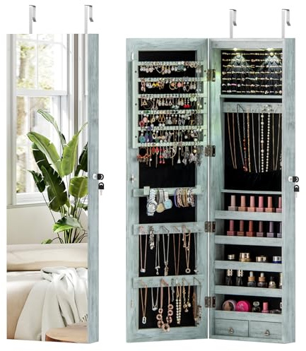 COSTWAY Armoire à Bijoux Mural avec Miroir et Lumière LED Armoire de Rangement Accrochée à La Porte 120 x 36 x 10 cm (Bleu)